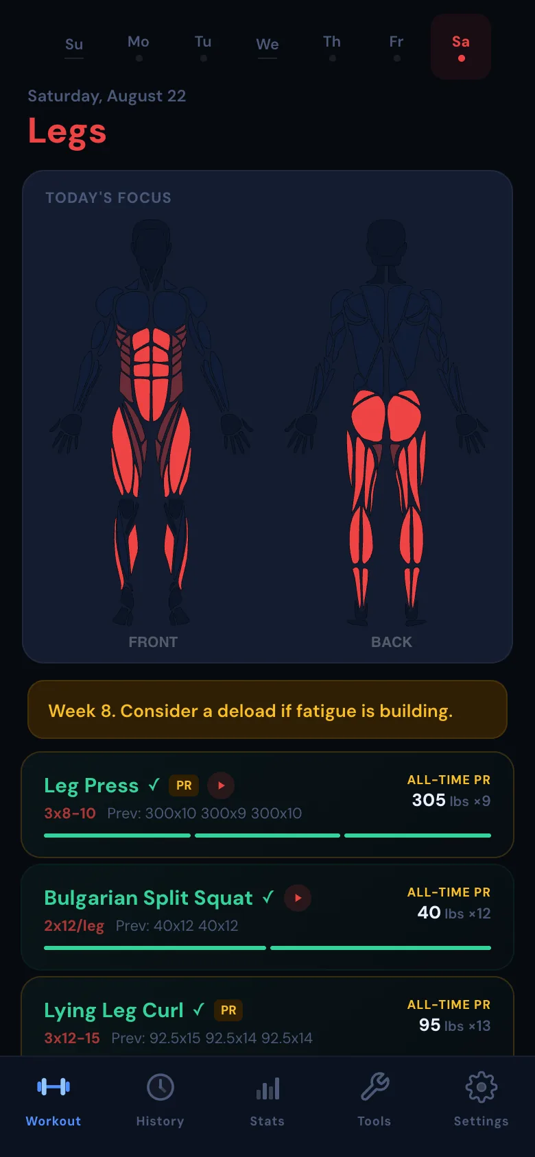 The Gymingify workout screen on a phone: a front and back anatomical figure with the legs and glutes highlighted, a notice reading "Week 8. Consider a deload if fatigue is building", and exercise cards showing prior sets and all-time records.