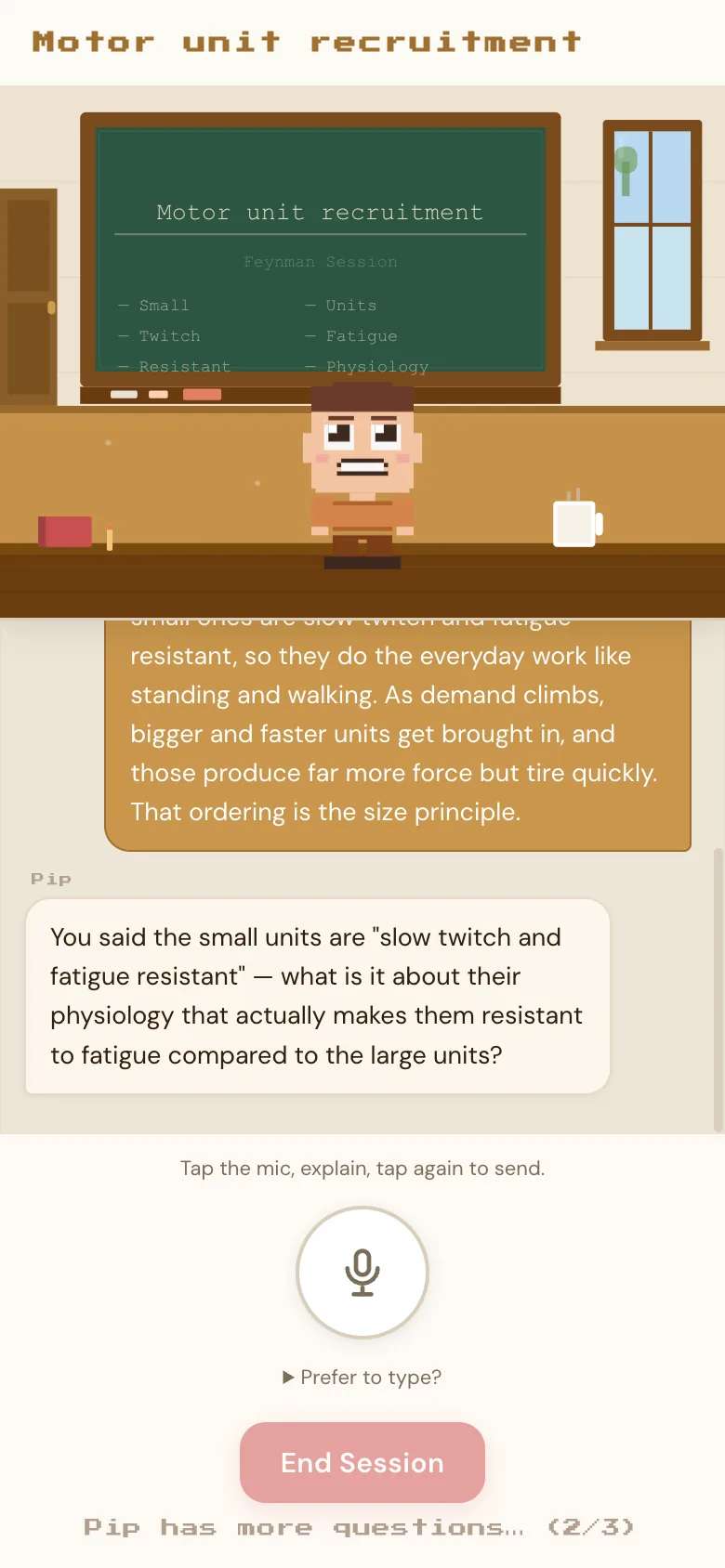 The same session on a phone, showing the explanation and Pip's follow-up question about what makes slow twitch fibres resistant to fatigue.