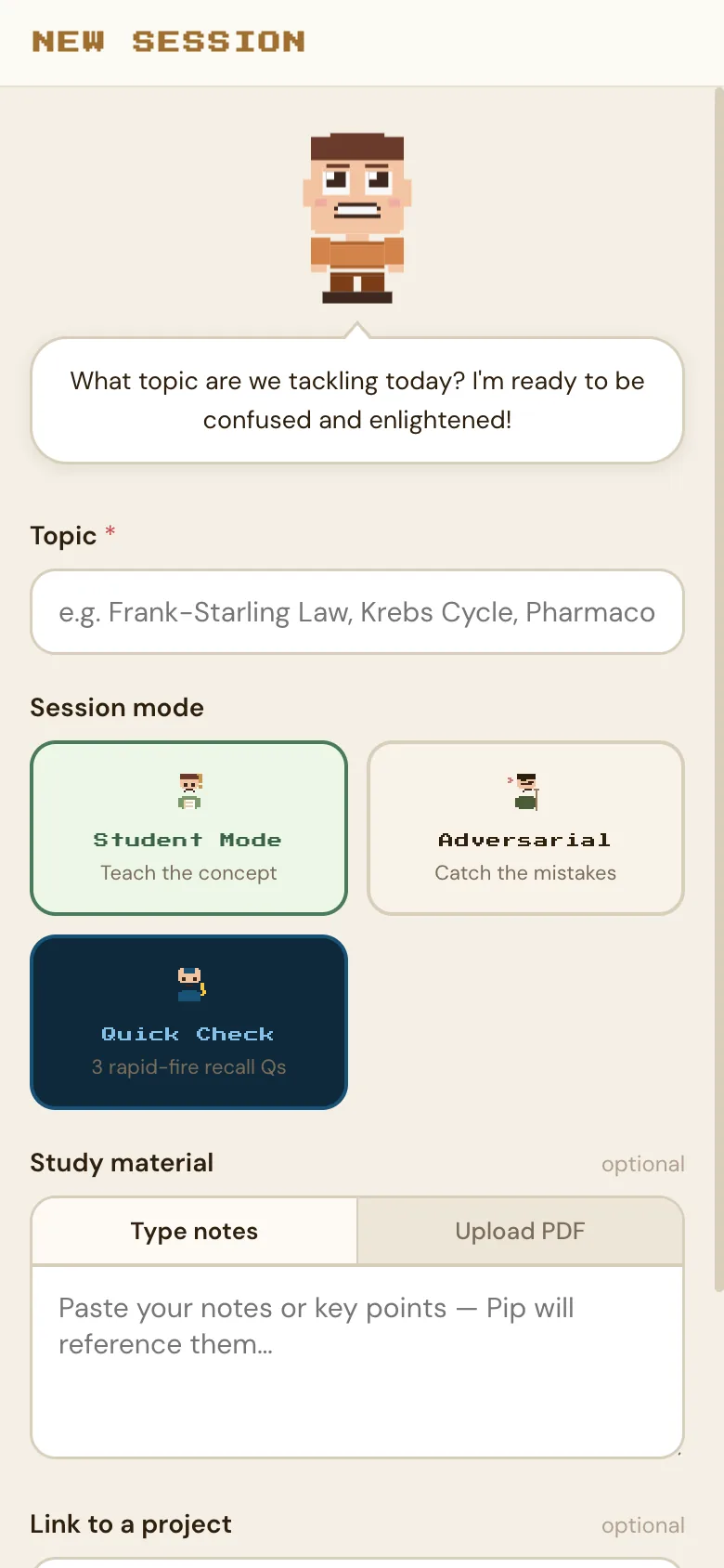 The Sage session setup on a phone: a topic field reading "Motor unit recruitment", and three session modes to choose from: Student Mode, Adversarial, and Quick Check.