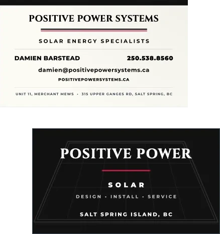 The Positive Power Systems business card, front and back, in cream, black and red with a perspective grid.