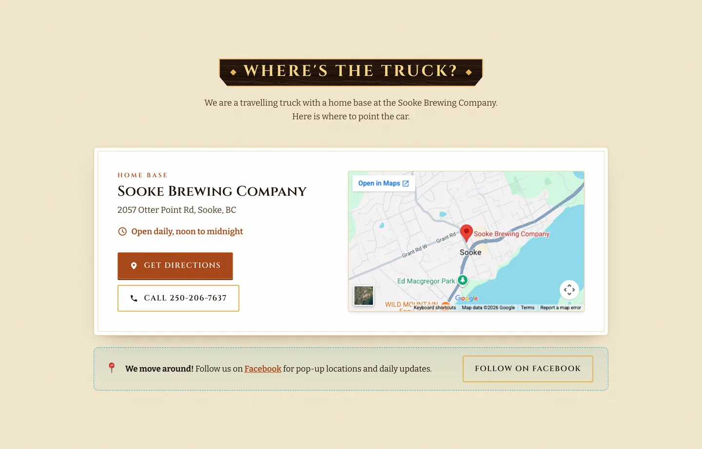 The "Where's the truck?" section: the Sooke Brewing Company address, opening hours, a Get Directions button, a phone number and a map with the truck's home base pinned.