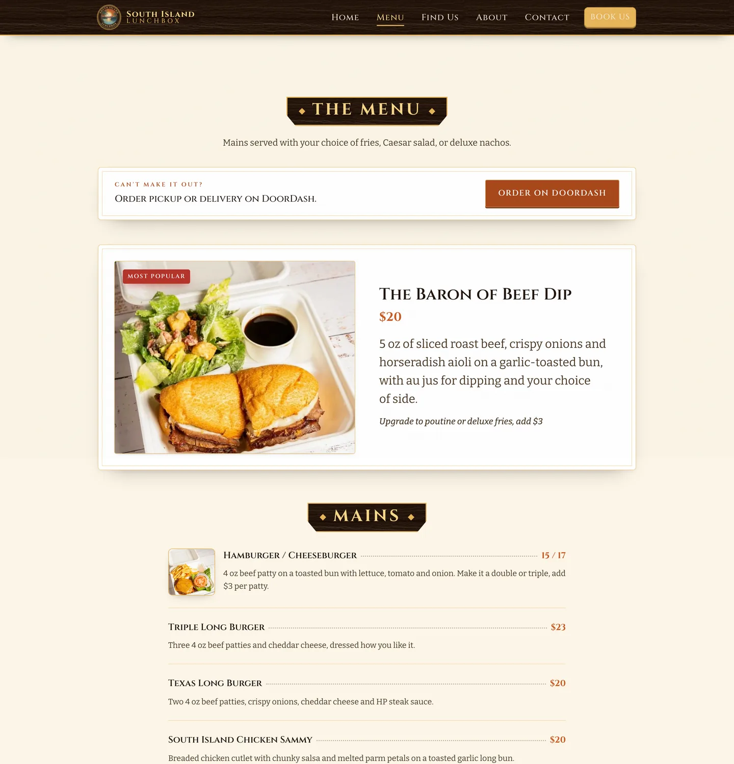 The rebuilt menu: a featured Baron of Beef Dip, then Mains, Veggie Options and Chicken Wings set as priced rows on a cream page.