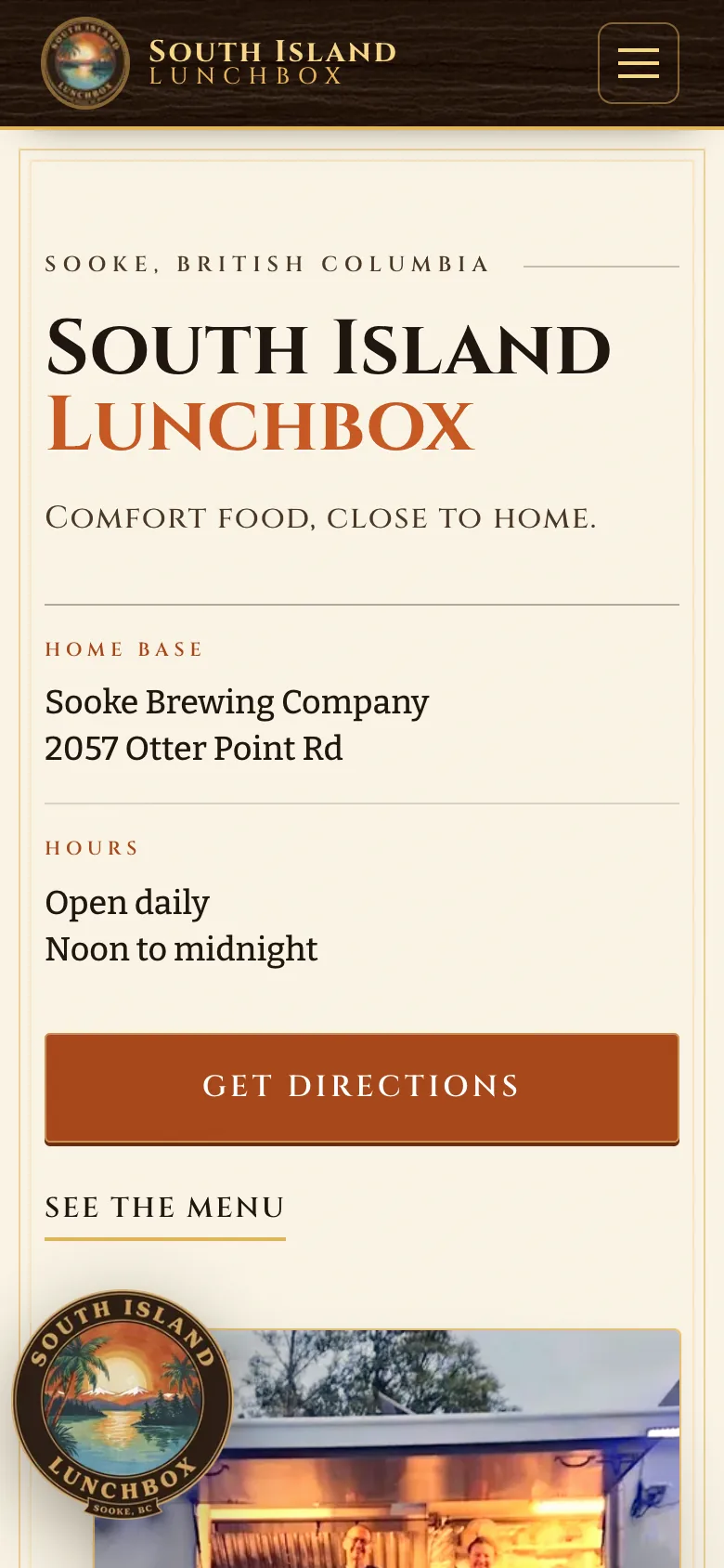 The rebuilt homepage on a phone. The name, the address, the hours and a Get Directions button all fit the screen, with nothing running off the edge.