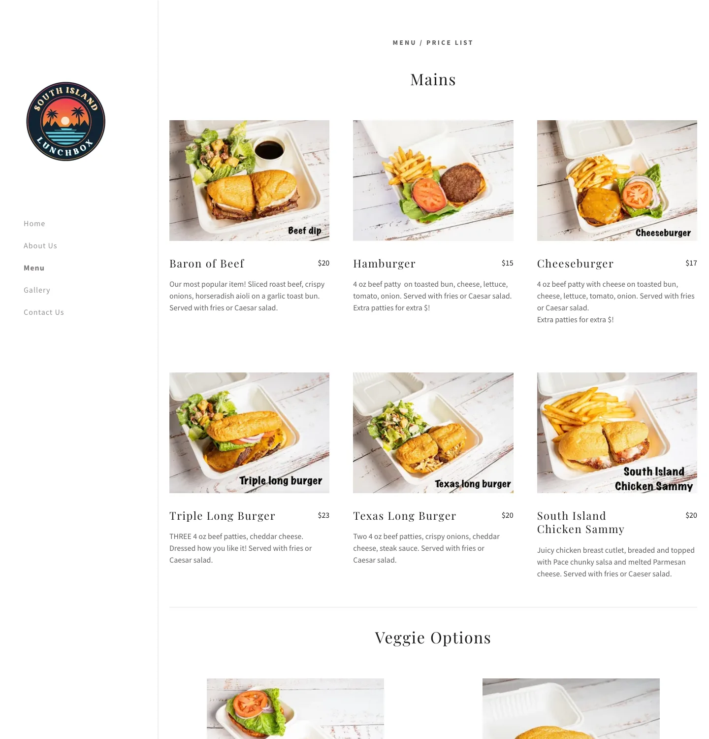 The old menu page: a grid of photographs with item names and prices beside them, labelled "Menu / Price List".